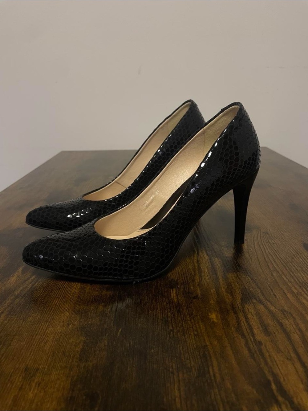 Black Snakeskin Embossed Stiletto Heels
